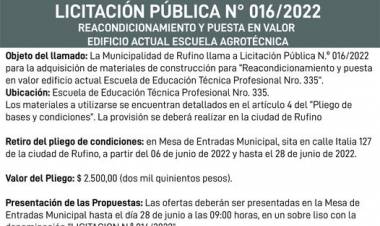 LICITACION PUBLICA 016/2022 REACONDICINAMIENTO Y PUESTA EN VALOR DEL ACTUAL ESCUELA  EDIFICIO AGROTECNICA