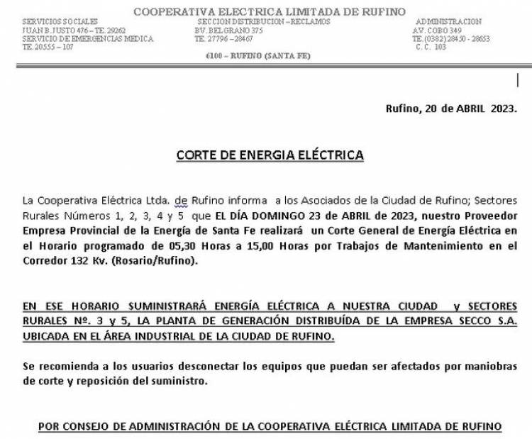 Corte Energia Electrica Fm Universal Rufino