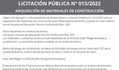 LICITACION PUBLICA N| 013/2022 ADQUISICION DE MATERIALES DE CONSTRUCCION