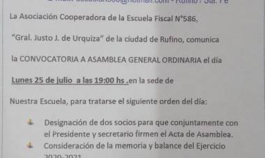 ESCUELA 586, "JUSTO J, DE URQUIZA" : CONVOCATORIA ASAMBLEA GENERAL 