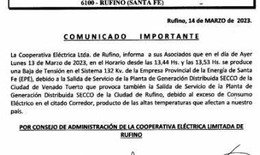 COOPERATIVA ELECTRICA LIMIADA DE RUFINO: COMUNICADO IMPORTANTE