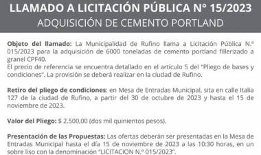 LLAMADO A LICITACION PUBLICA N! 15/2023