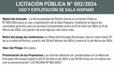 LICITACION PUBLICA 002/2024 USO Y EXPLOTACION DE SALA HISPANO