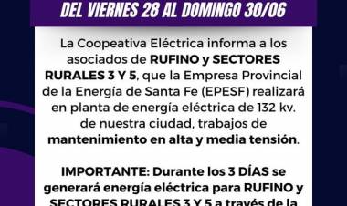 CORTE ENERGIA ELECTRICA- VIERNES 28 AL DOMINGO 30/6