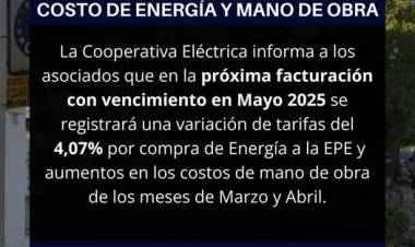 COOPERATIVA ELECTRICA LIMITADA DE RUFINO: AUMENTO TARIFA