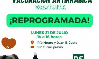 REPROGRAMACION: VACUNACION ANTIRRABICA PARA EL LUNES 21 DEJULIO