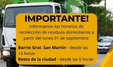 IMPORTANTE: HORARIO DE RECOLECCION DE RESIDUOS DOMICILIARIOS