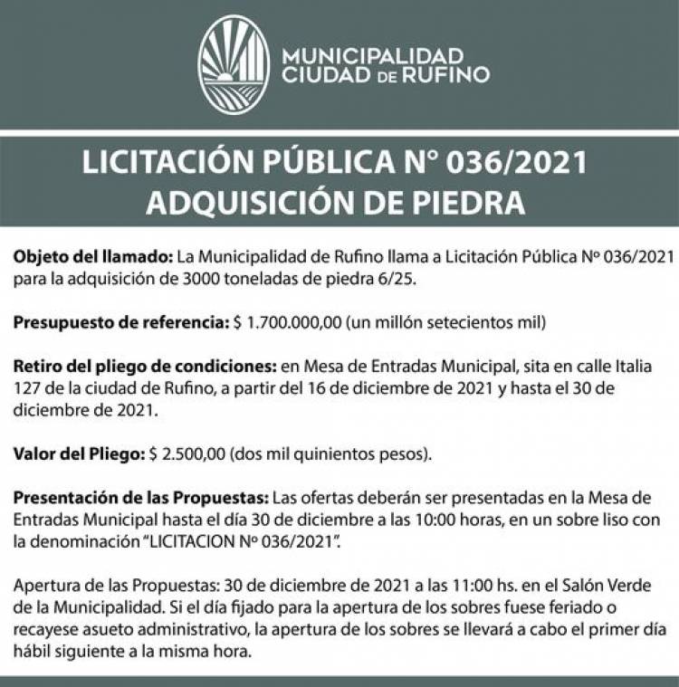 LICITACION PUBLICA 036/2021  ADQUISICION DE PIEDRA