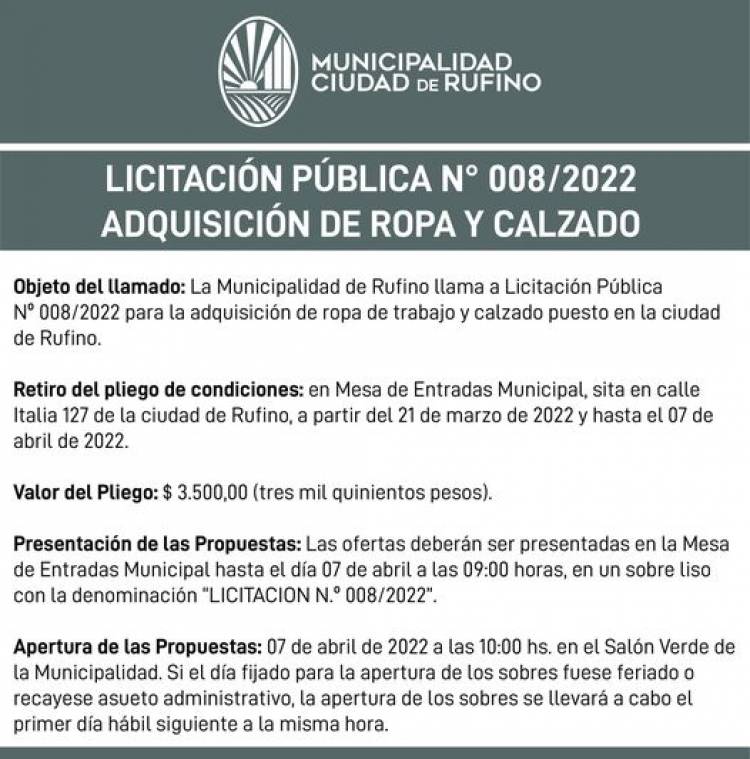LICITACION PUBLICA 08/2022 ADQUISICION ROPA Y CALZADO