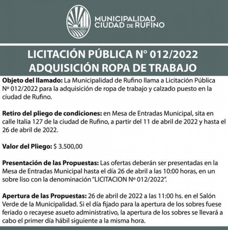 LICITACION PUBLICA N 012/2022_ ADQUISICION ROPA DE TRABAJO