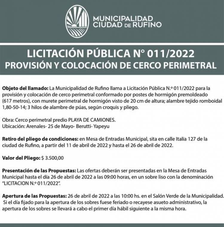 LICITACION PUBLICA N° 011/2022_ PROVISICION Y COLOCACION CERCO PERIMETRAL