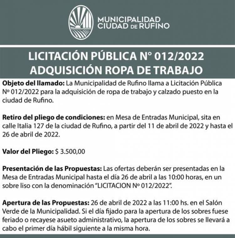 LICITACION PUBLICA N° 012/2022 ADQUISICION ROPA DE TRABAJO