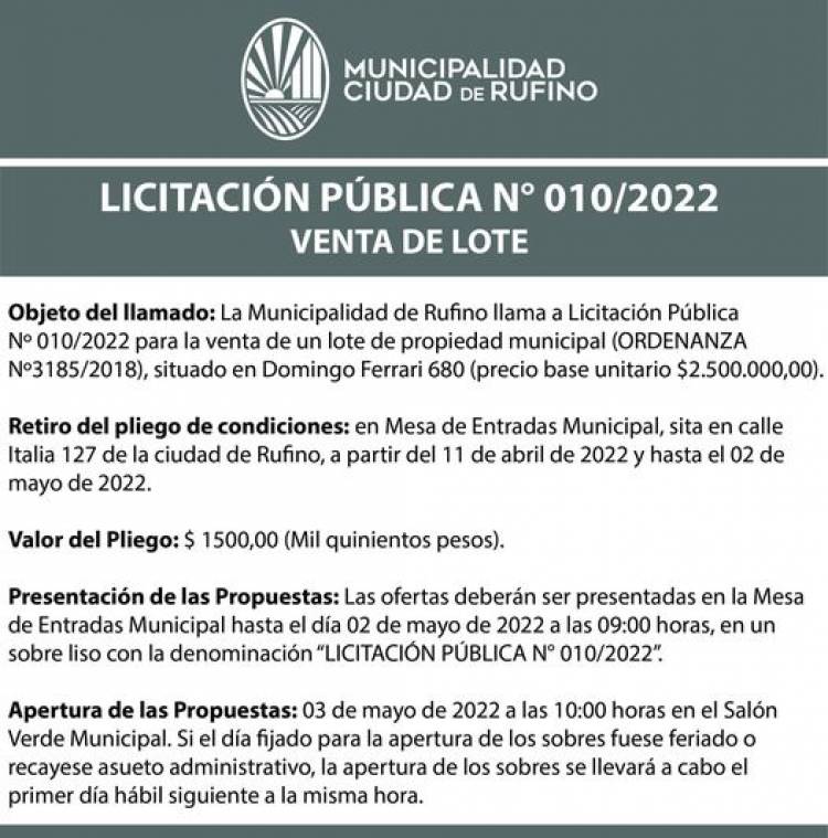 LICITACION MUNICIPAL N° 010/2022 VENTA DE LOTE