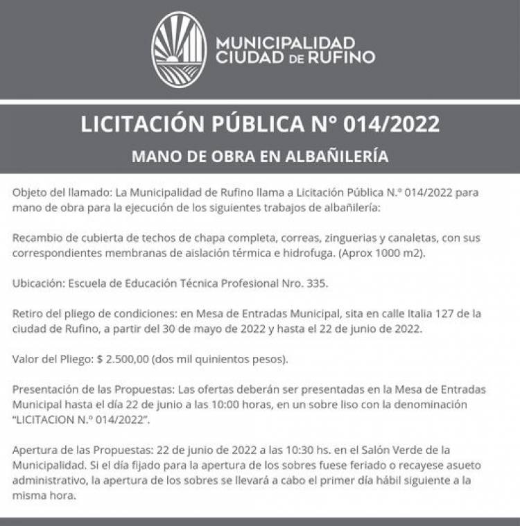 LICITACION PUBLICA N| 014/2022- MANO DE OBRA EN ALBAÑILERIA