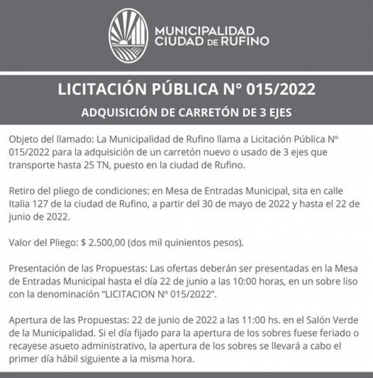 LICITACION N| 015/2022  ADQUISICION CARRETON DE 3 EJES 