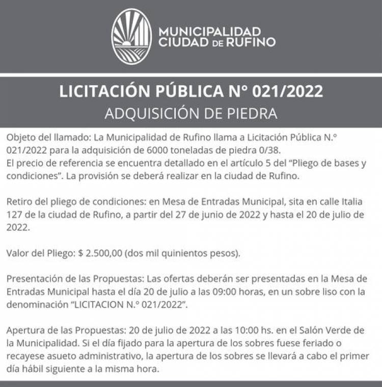 LICITACION PUBLICA N°021/2022 POR COMPRA PIEDRA
