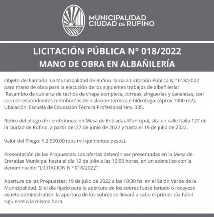 LICITACION PUBLICA N° 18/2022 MANO DE OBRA ALBAÑILERIA