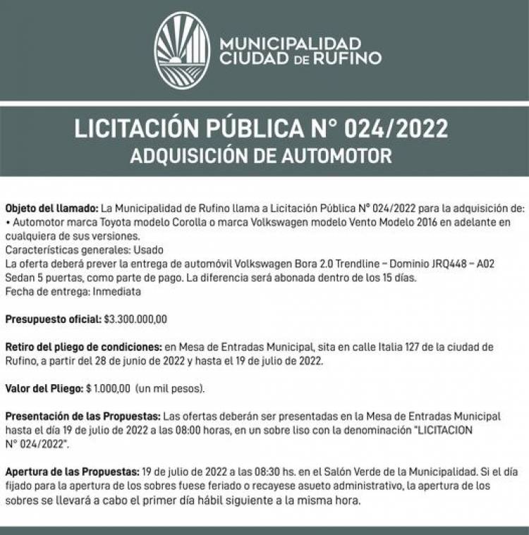 LICITACION PUBLICA N| 024/2022 ADQUISICION DE AUTOMOTOR