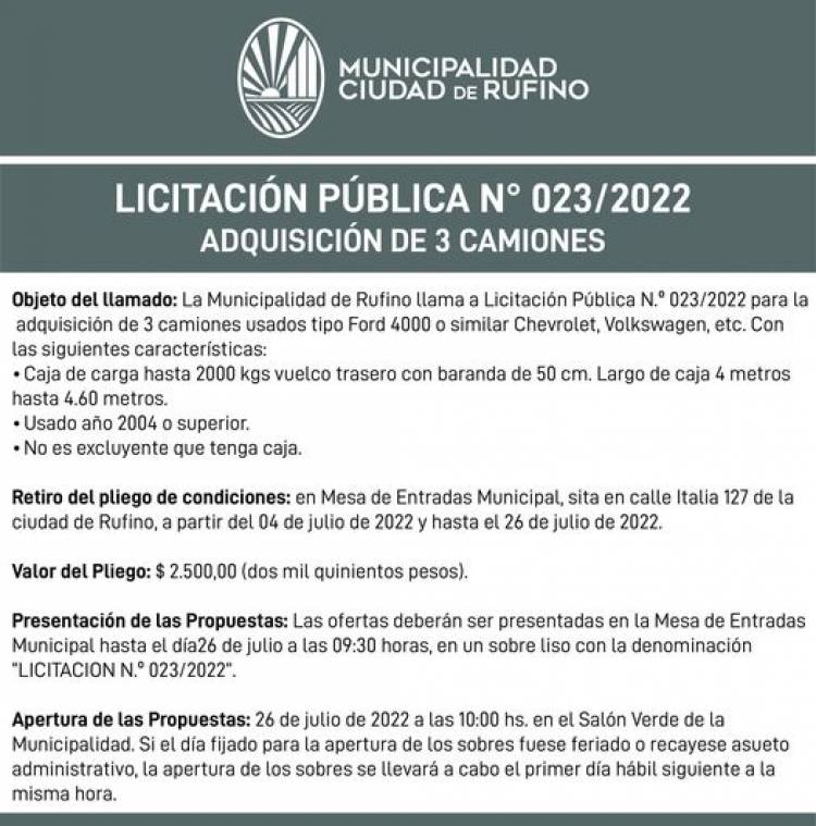 LICITACION PUBLICA N|° 023/2022 COMPRA DE 3 CAMIONES