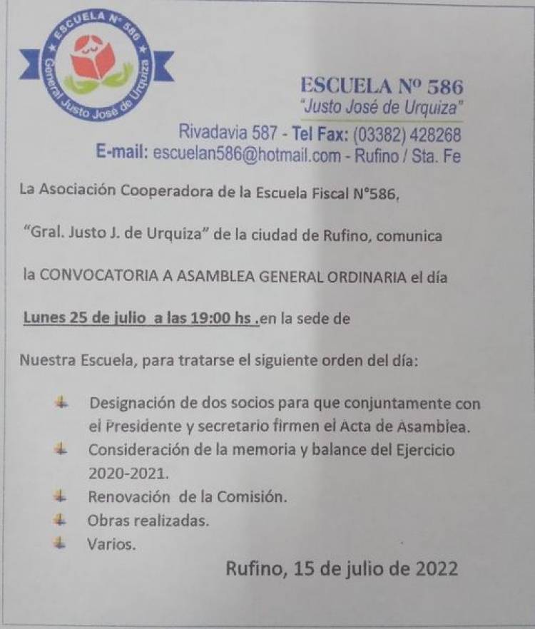 ESCUELA 586, "JUSTO J, DE URQUIZA" : CONVOCATORIA ASAMBLEA GENERAL 