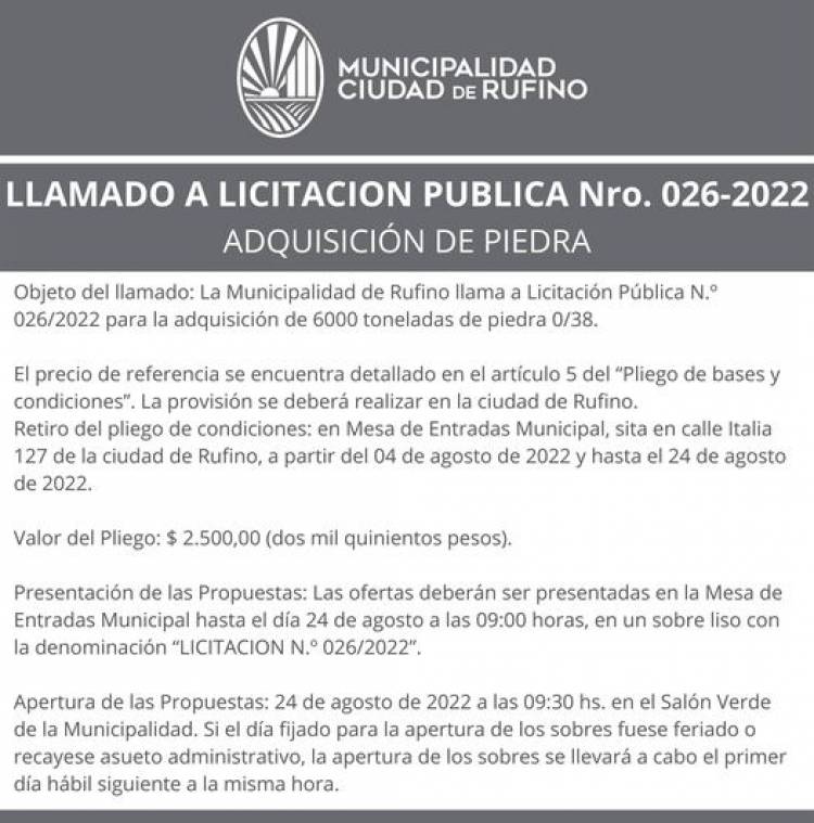 LLAMADO LICITACION PUBLICA 026/2022 ADQUISICION DE PIEDRA