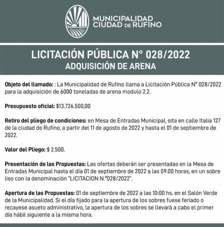 LICITACION PUBLICA N| 028/2022 ADQUISICION DE ARENA