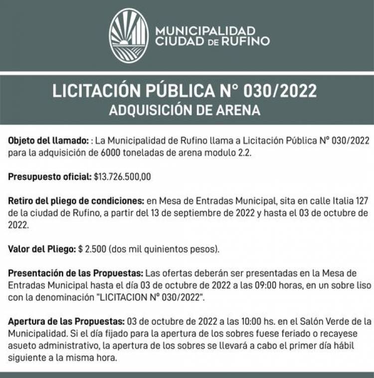LICITACION PUBLICA 030/2022 ADQUISICION DE ARENA