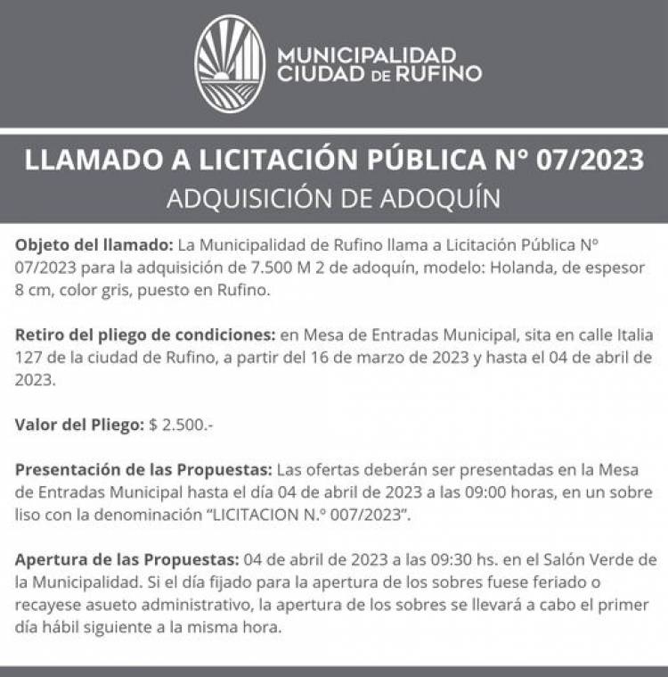 LLAMADO A LICITACION 007/2023