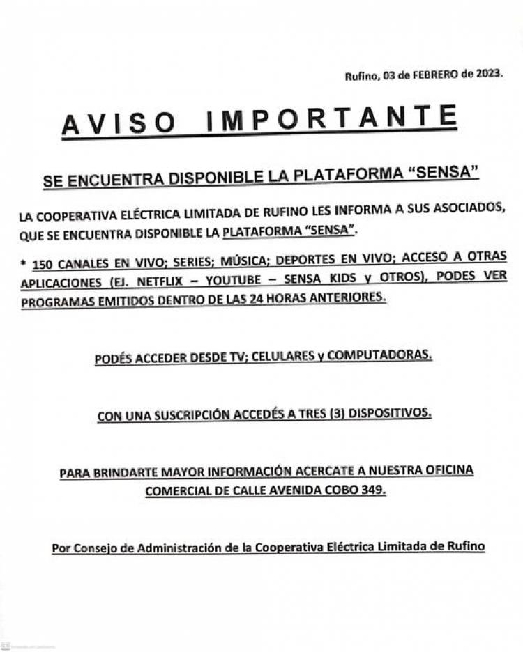 COOPERATIVA ELECTRICA LIMITADA DE RUFINO:" PLATAFORMA "SENSA"