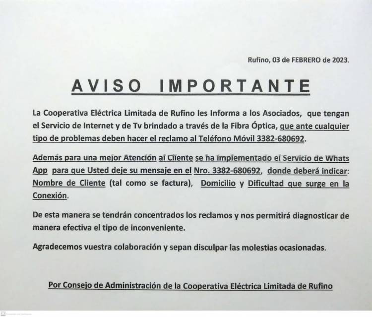 GOOPERATIVA ELECTRICA LIMITADA DE RUFINO: PROBLEMAS INTERNET