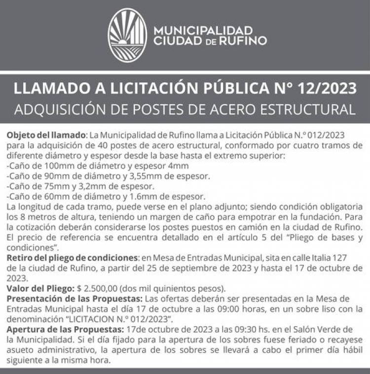 LLAMADO A LICITACION PUBLICA N° 12/2023