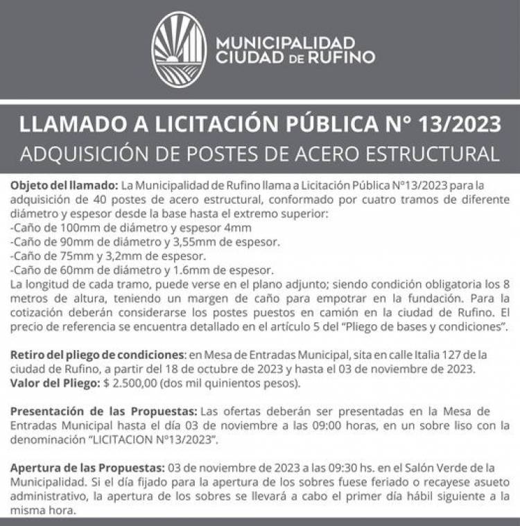 LLAMADO A LICITACION PUBLICA N| 13/2023