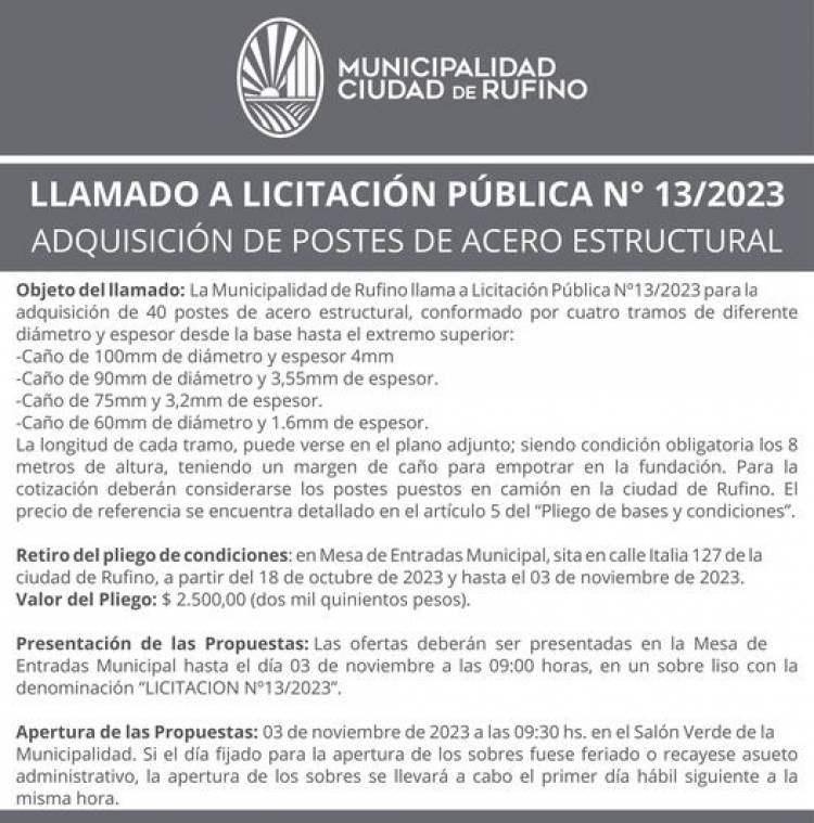 LLAMADO A LICITACION PUBLICA N° 13/2023