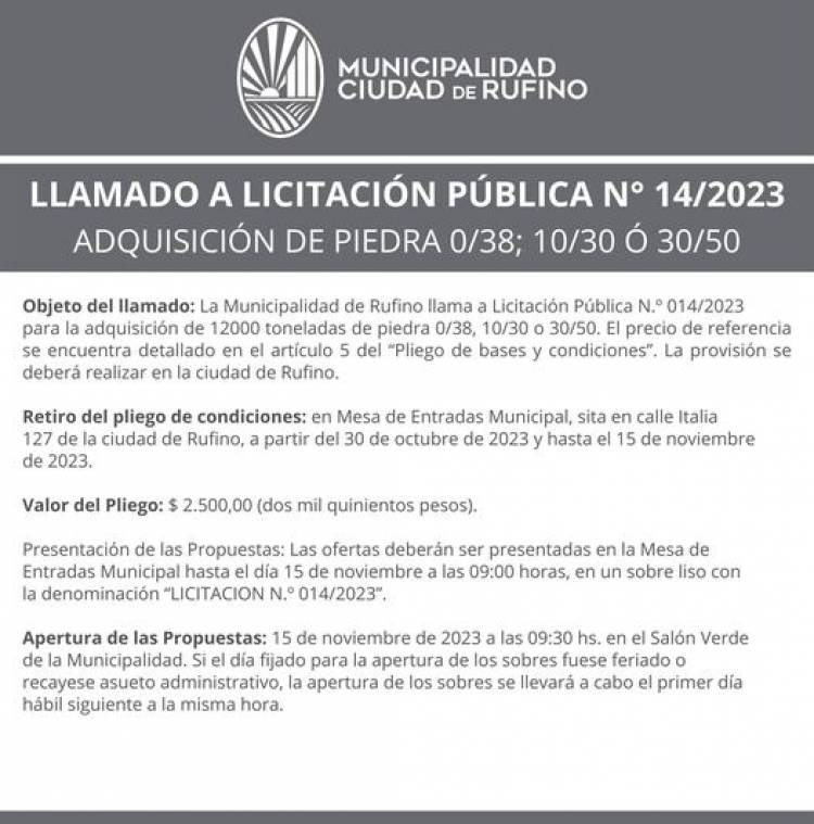 LLAMADO A LICITACION PUBLICA N° 14/2023