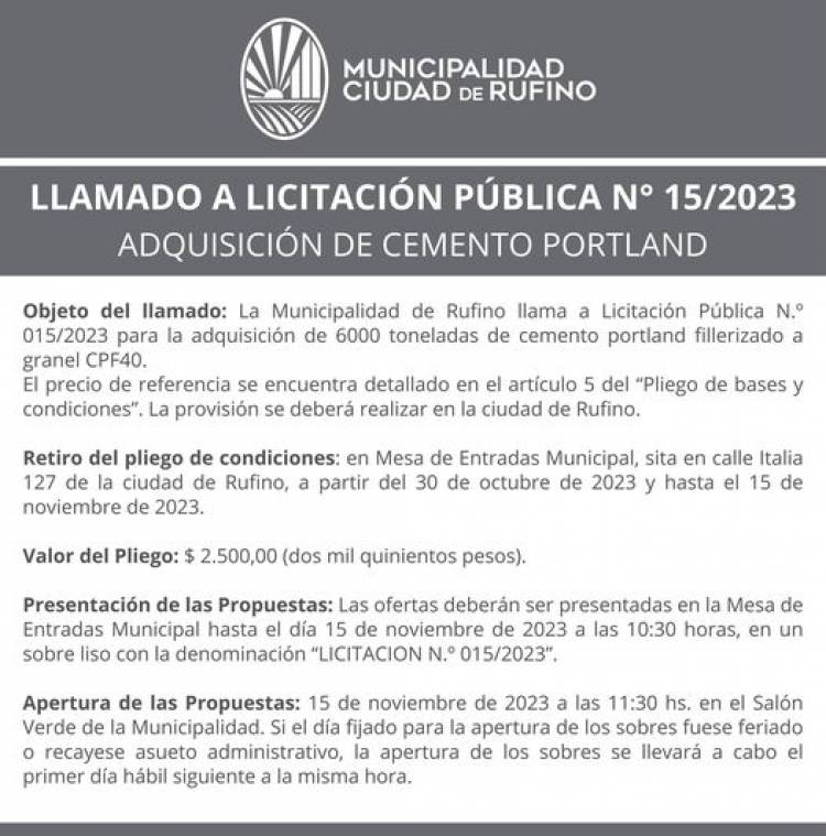 LLAMADO A LICITACION PUBLICA N° 15/2023