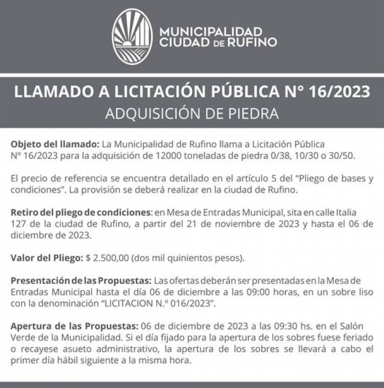 LLAMADO A LICITACION PUBLICA N° 16/2023