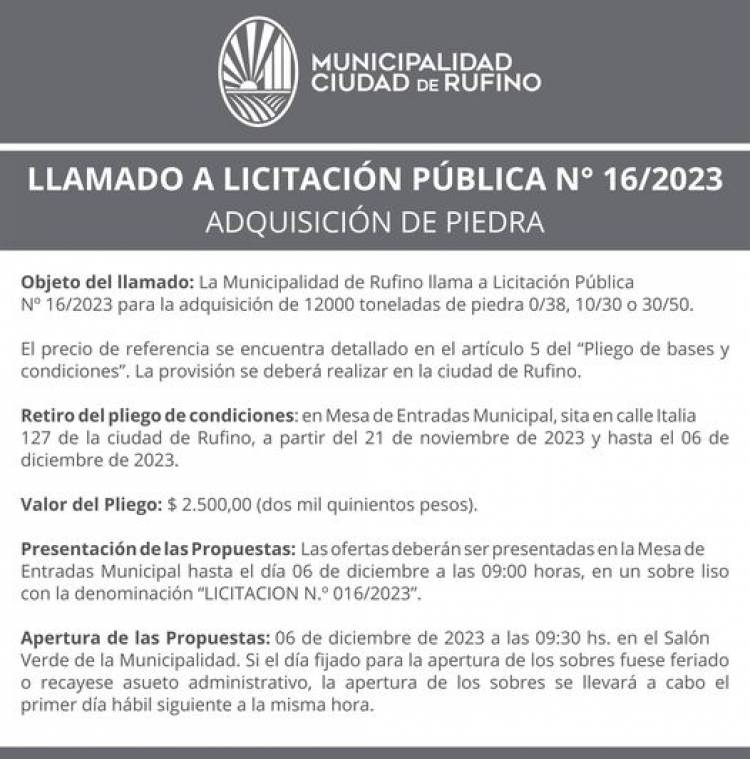 LLAMADO A LICITACION PUBLICA N! 16/2023