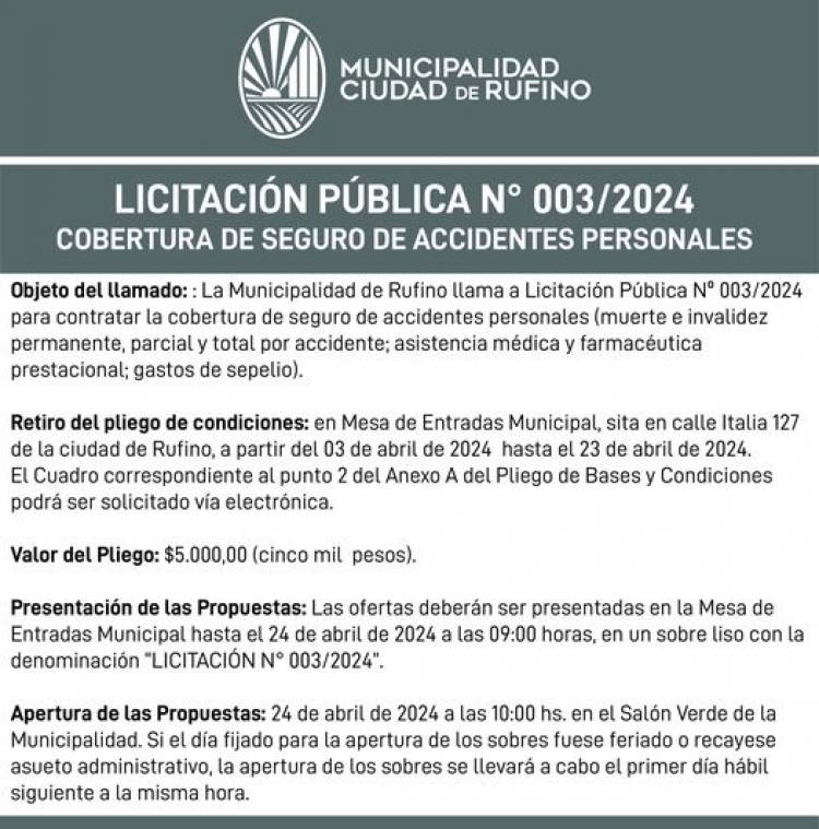 LICITACION PUBLICA N° OO3/2024