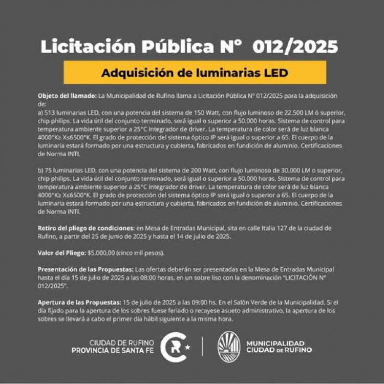 LICITACION PUBLICA N° 012/2025 COMPRA DE LUMINARIAS LED