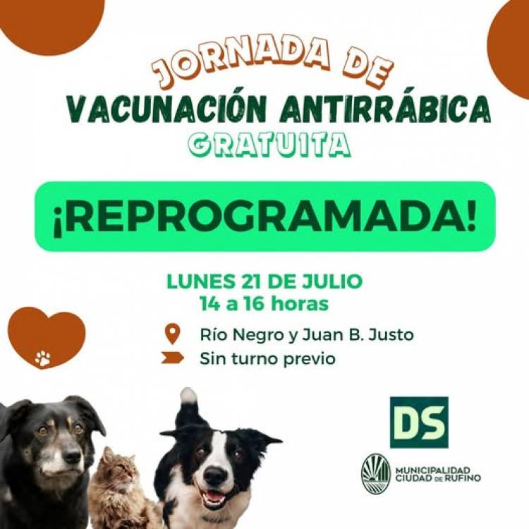 REPROGRAMACION: VACUNACION ANTIRRABICA PARA EL LUNES 21 DEJULIO