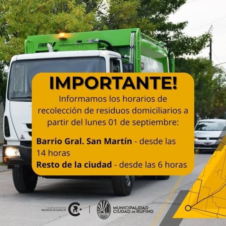 IMPORTANTE: HORARIO DE RECOLECCION DE RESIDUOS DOMICILIARIOS