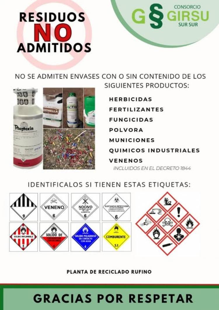 PLANTA DE RECICLADO RUFINO: RESIDUOS NO PERMITIDOS