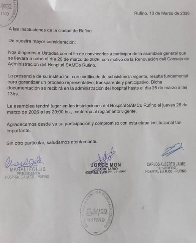 HOSPITAL SAMCO: CONVOCATORIA A ASAMBLEA...